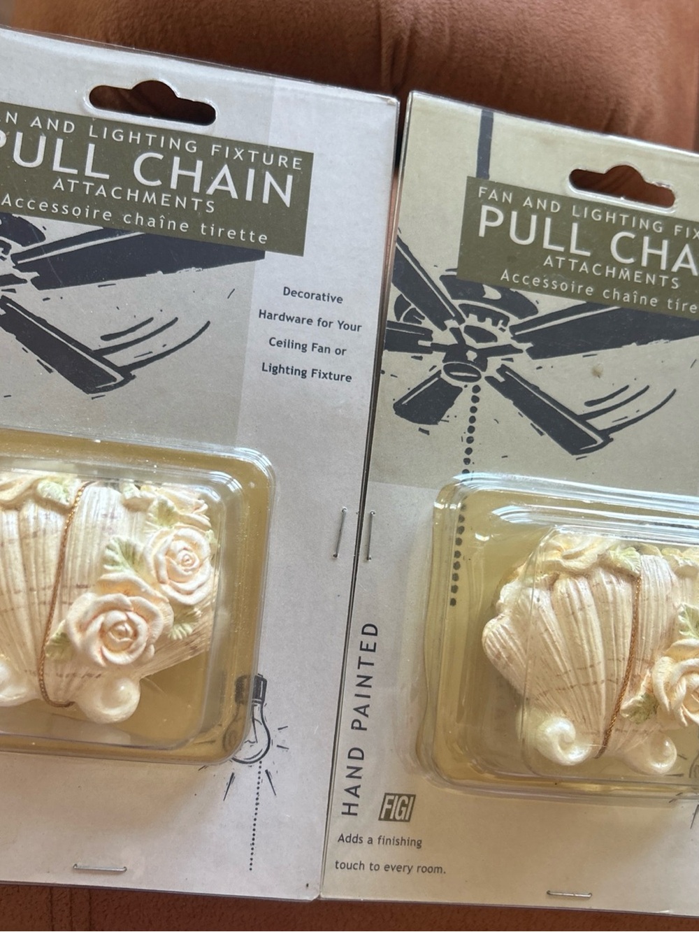 FIGI Vtg 2000  Seashell Fan And Lighting Pull Chain Attachment Hand Painted Set2